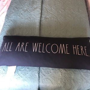 ALL ARE WELCOME HERE Navy cotton, white lettering, zippered cover, down insert